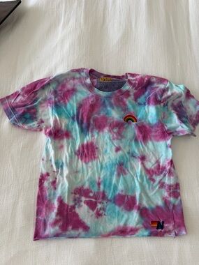 Small Aviator Nation Womens Tie-Dye Tee in Pink & Teal with Rainbow Patch